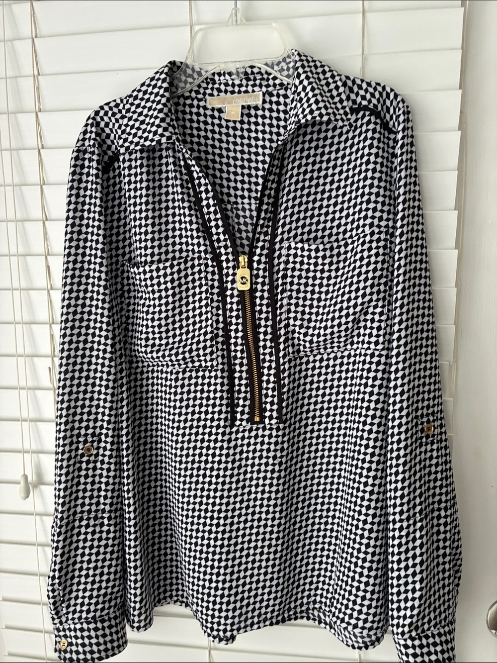 Michael Kors Blouse Top Houndstooth Black White SZ M